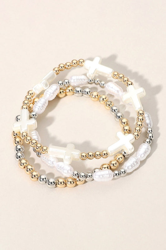 Pearl Cross Beaded Layered Stretch Bracelets- Gold/Silver
