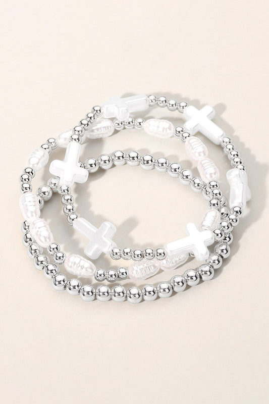 Pearl Cross Beaded Layered Stretch Bracelets- Silver