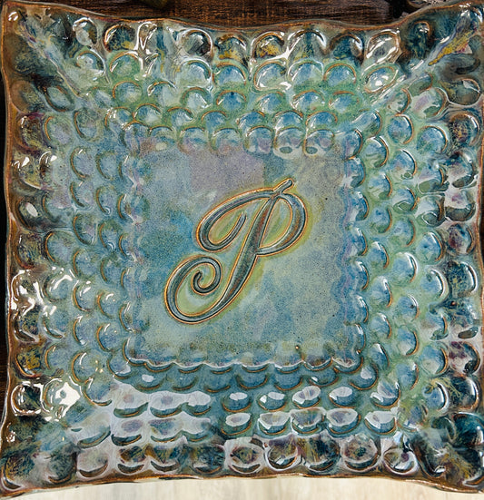 FINAL SALE Finger Print Large Initial Plate in Kiwi-P