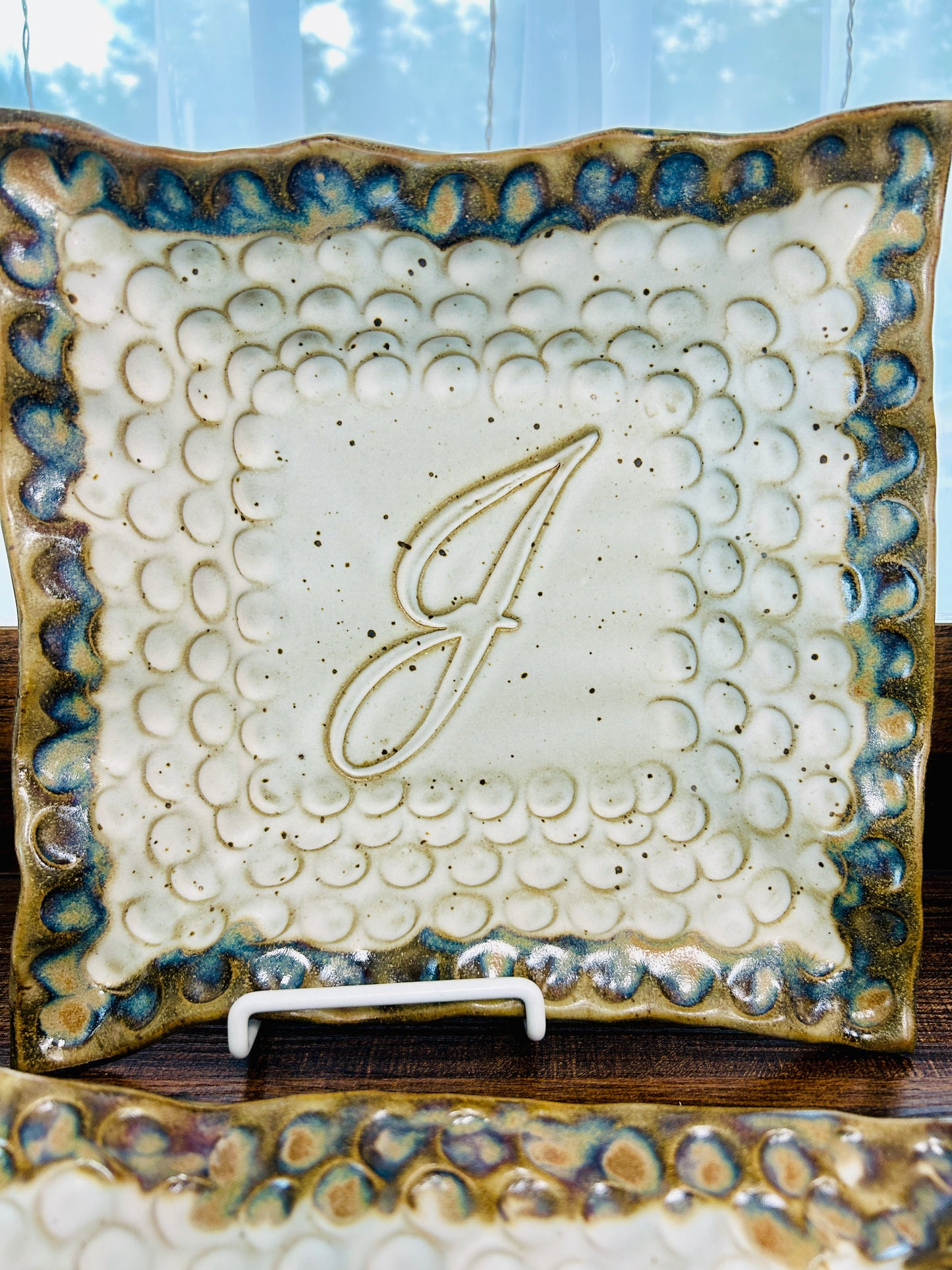 FINAL SALE Finger Print Large Initial Plate in Ivory Linen-F, J, R, V