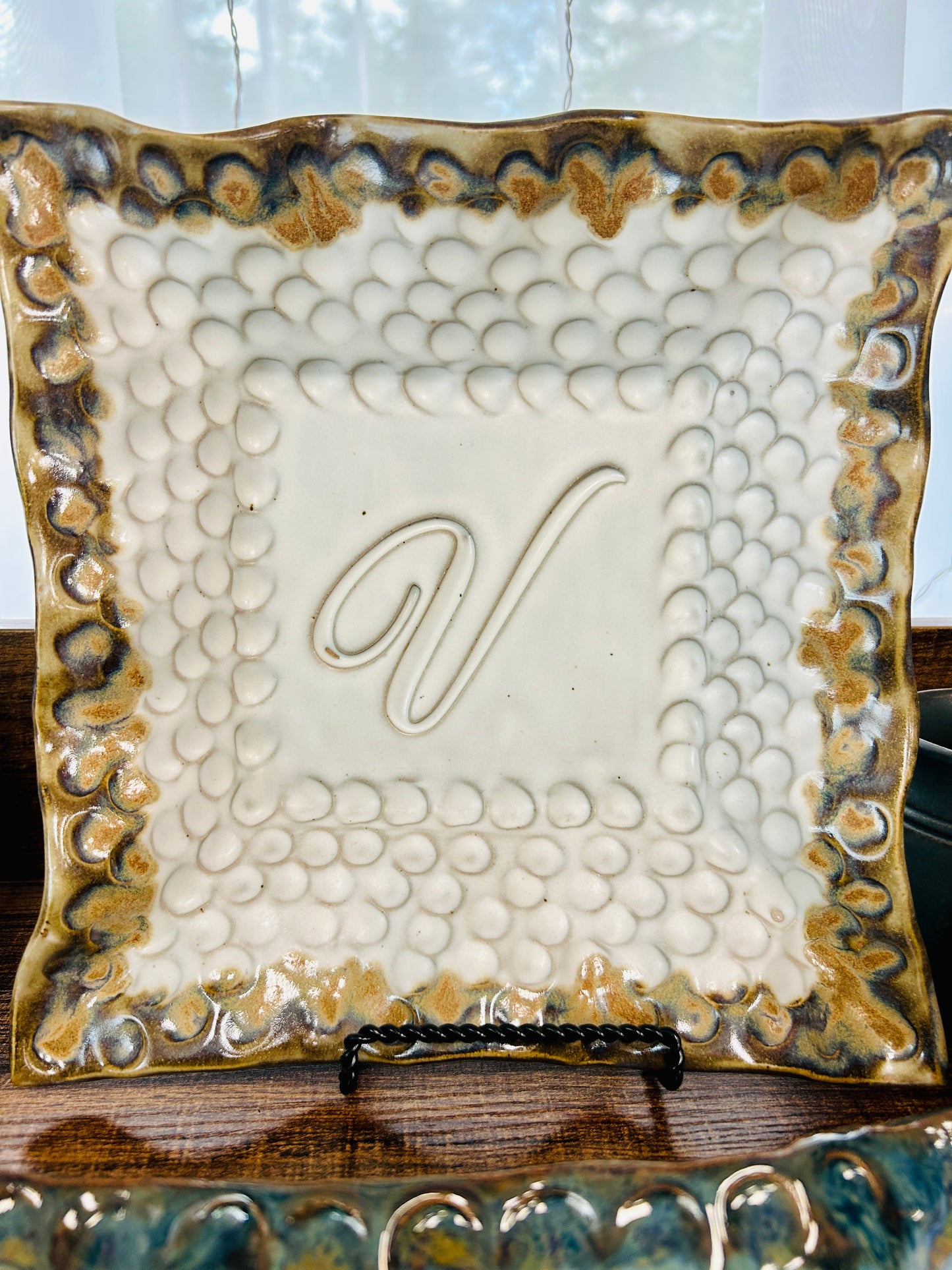 FINAL SALE Finger Print Large Initial Plate in Ivory Linen-F, J, R, V