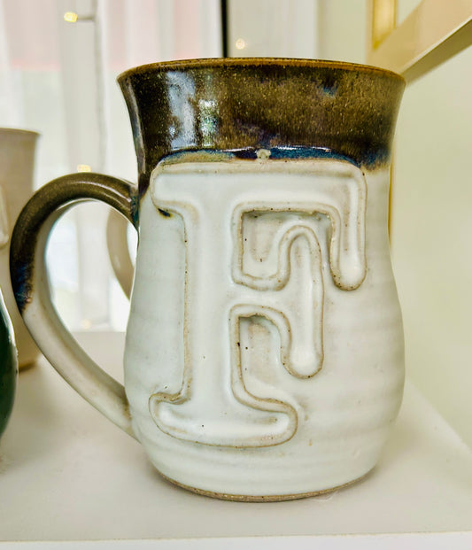 FINAL SALE Finger Print Initial Mugs in Ivory Linen-F, M, P