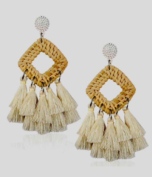 Tassel Rattan Statement Hoop Earrings-Tan