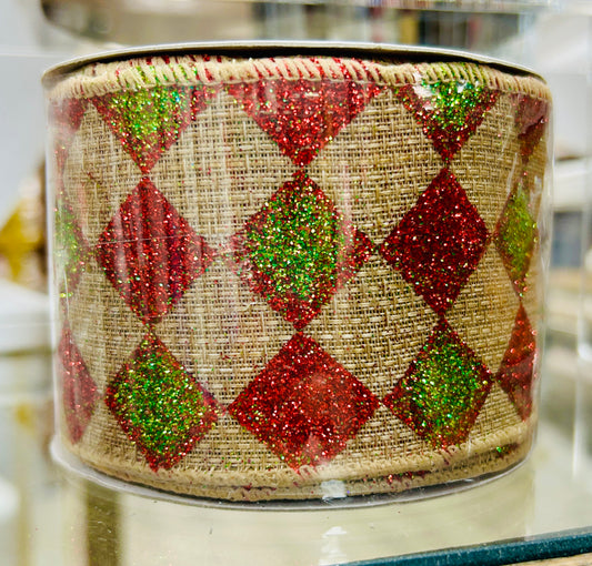 Red/Green Harlequin Sparkle Linen Wired Ribbon-2.5"