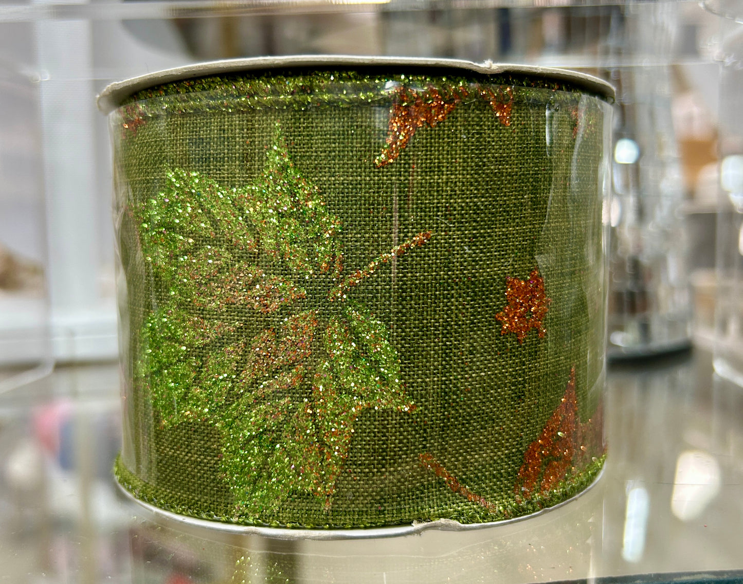 Fall Maple Leaf, Sparkle Linen Wired Ribbon-2.5"