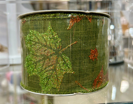 Fall Maple Leaf, Sparkle Linen Wired Ribbon-2.5"