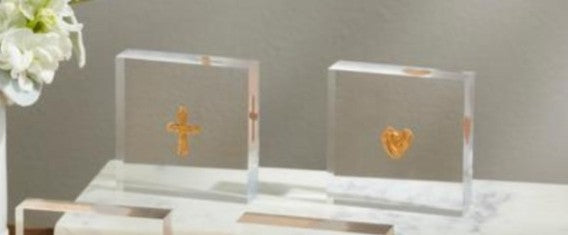 Mini Acrylic Plaque- Gold Cross, Gold Heart