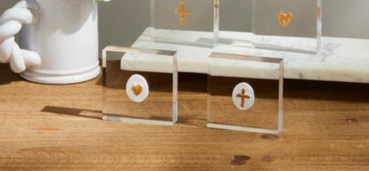 Mini Intaglio Acrylic Plaque- Gold Cross, Gold Heart