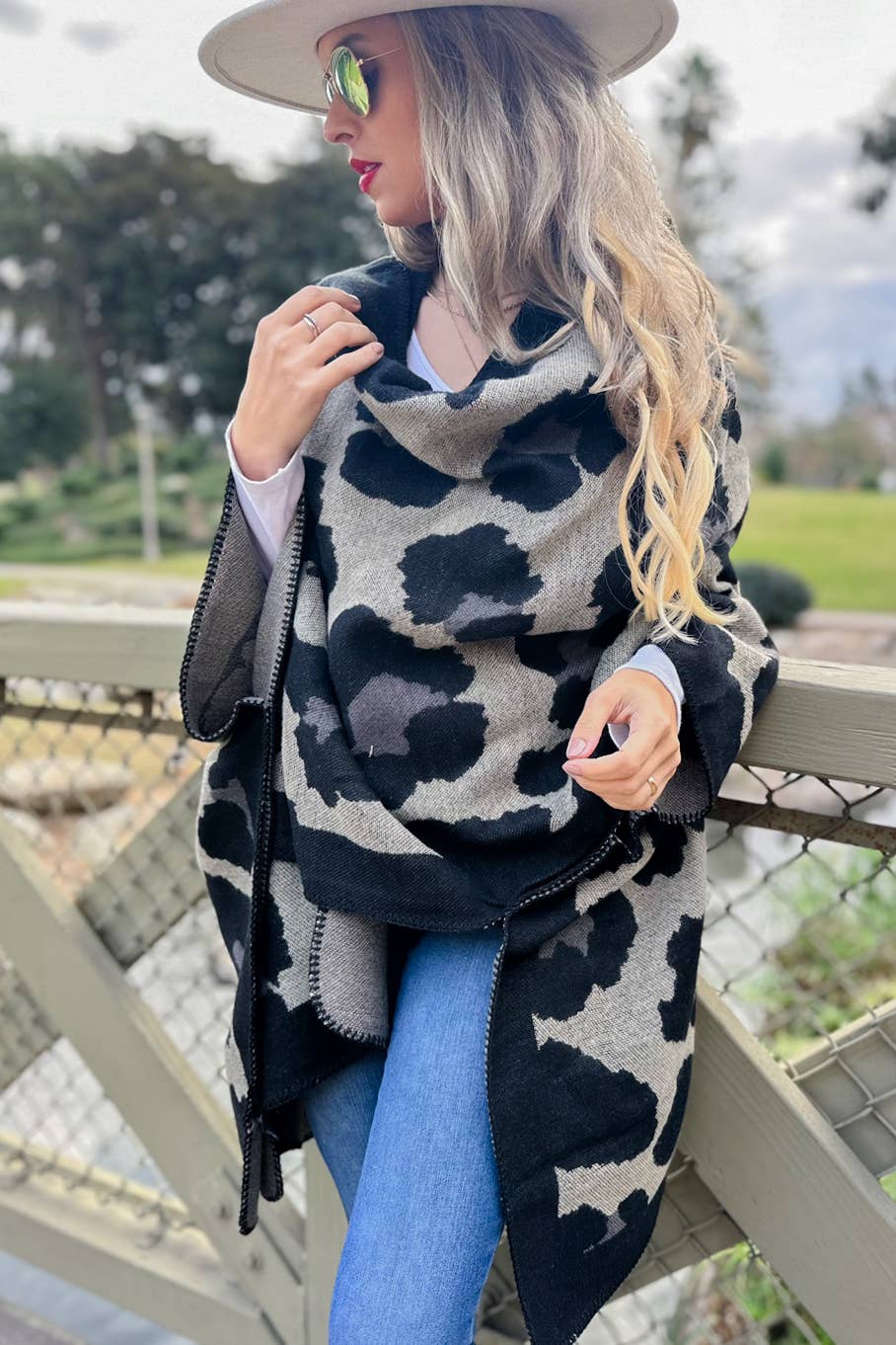 Black Leopard Printed Knitted Cozy Kimono Cardigan- One Size