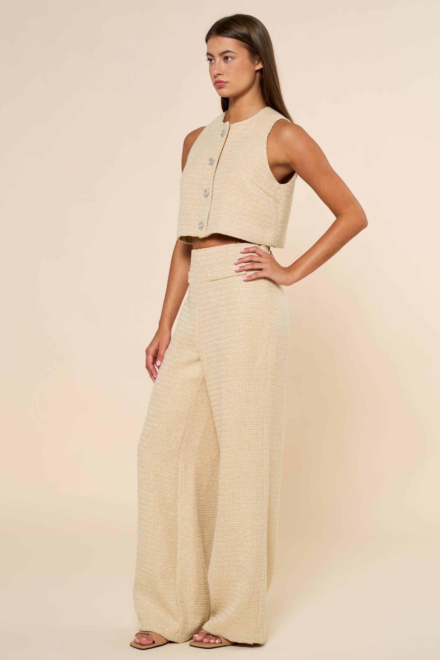 Tweed Crop Top & Wide Leg Pants Set
