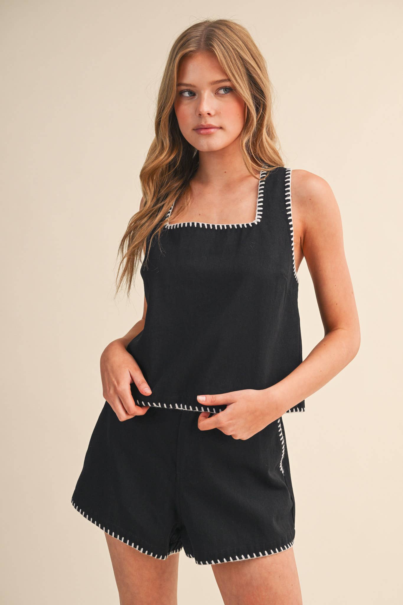 Whipstitch Denim Top & Shorts Set