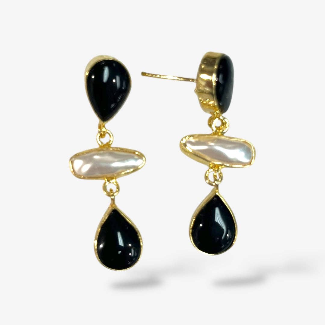 NATURAL STONE PEARL DANGLE EARRINGS: LABRADORITE