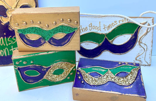 Mardi Gras mask  |  hand painted wood block: Purple background