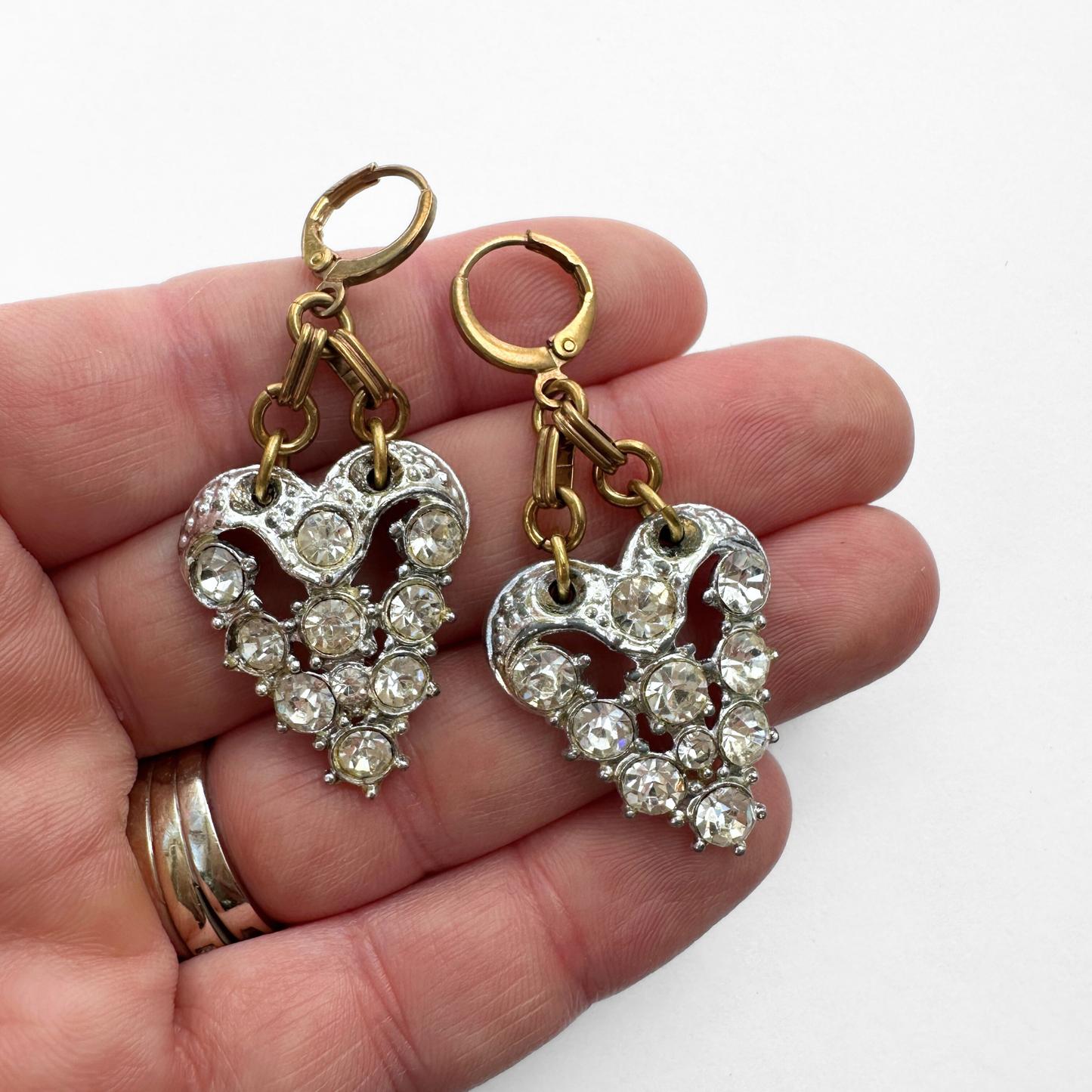 Refashioned Vintage Clear Rhinestone Silver Drop Earrings with Brass