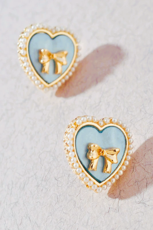 Pearl Edge Heart Bow Stud Earrings-Blue