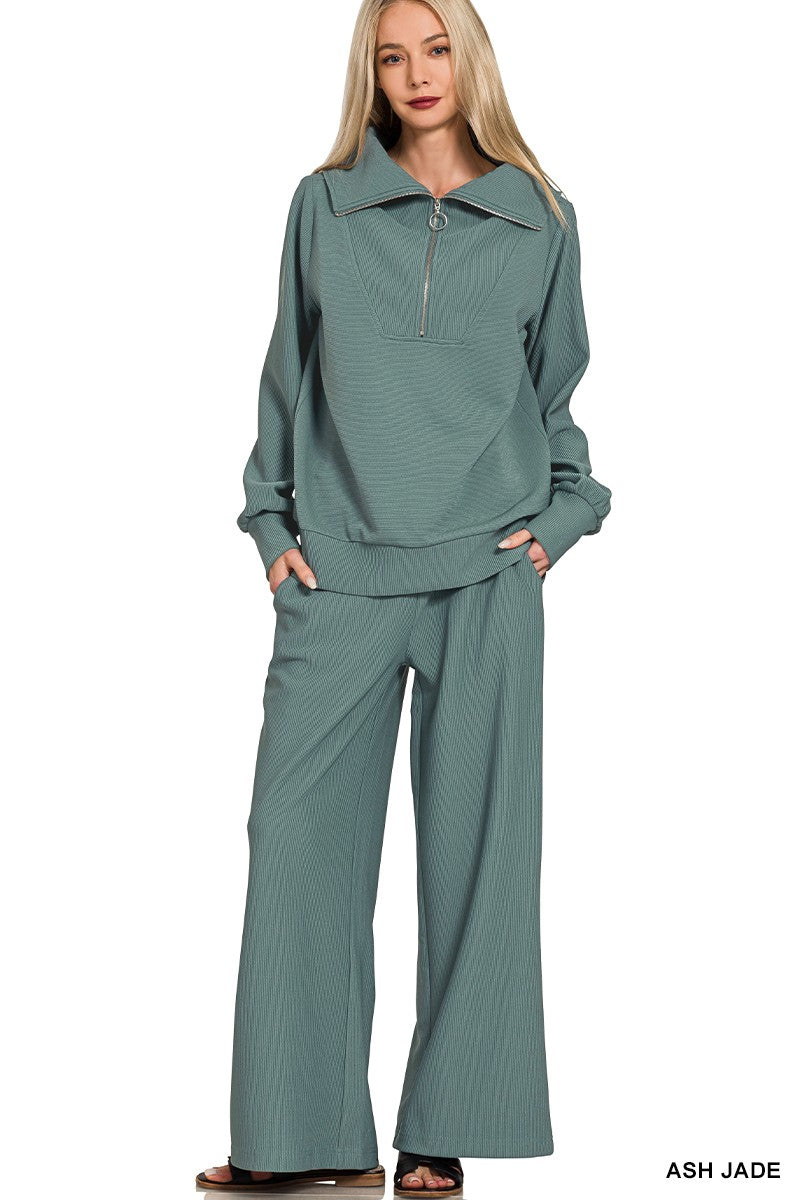 Ribbed Half Zip Pullover & Pants Set- Ash Jade