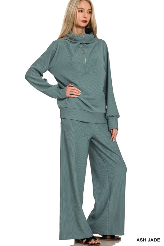 Ribbed Half Zip Pullover & Pants Set- Ash Jade