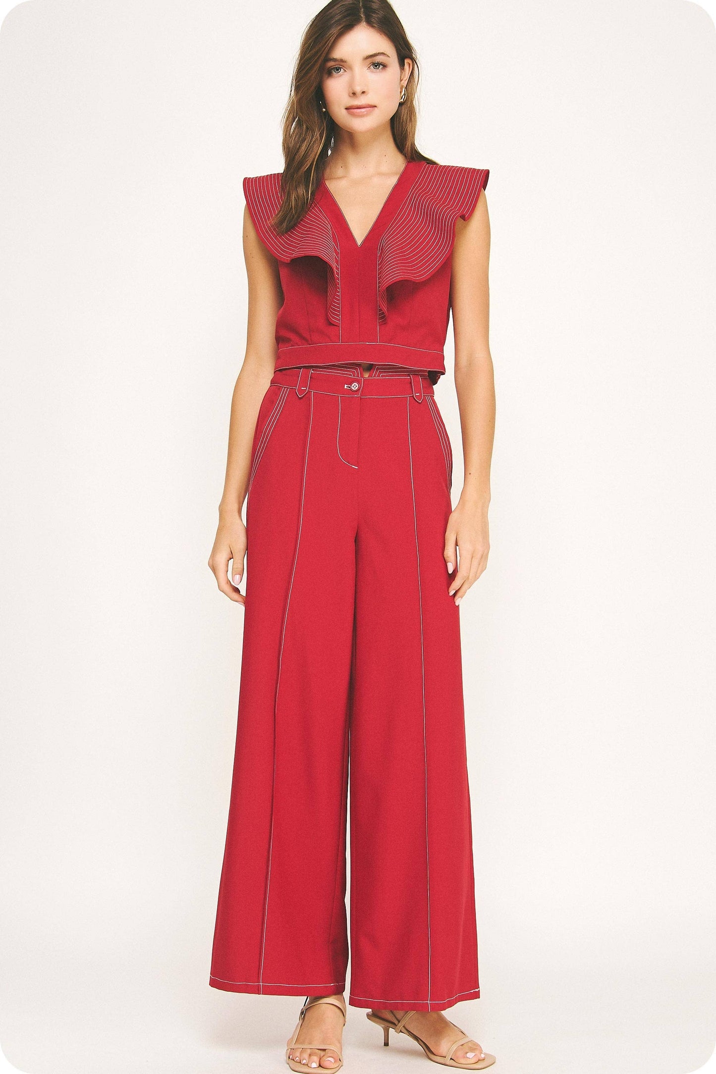 Top Stitch Ruffle Detail V-neck Top
