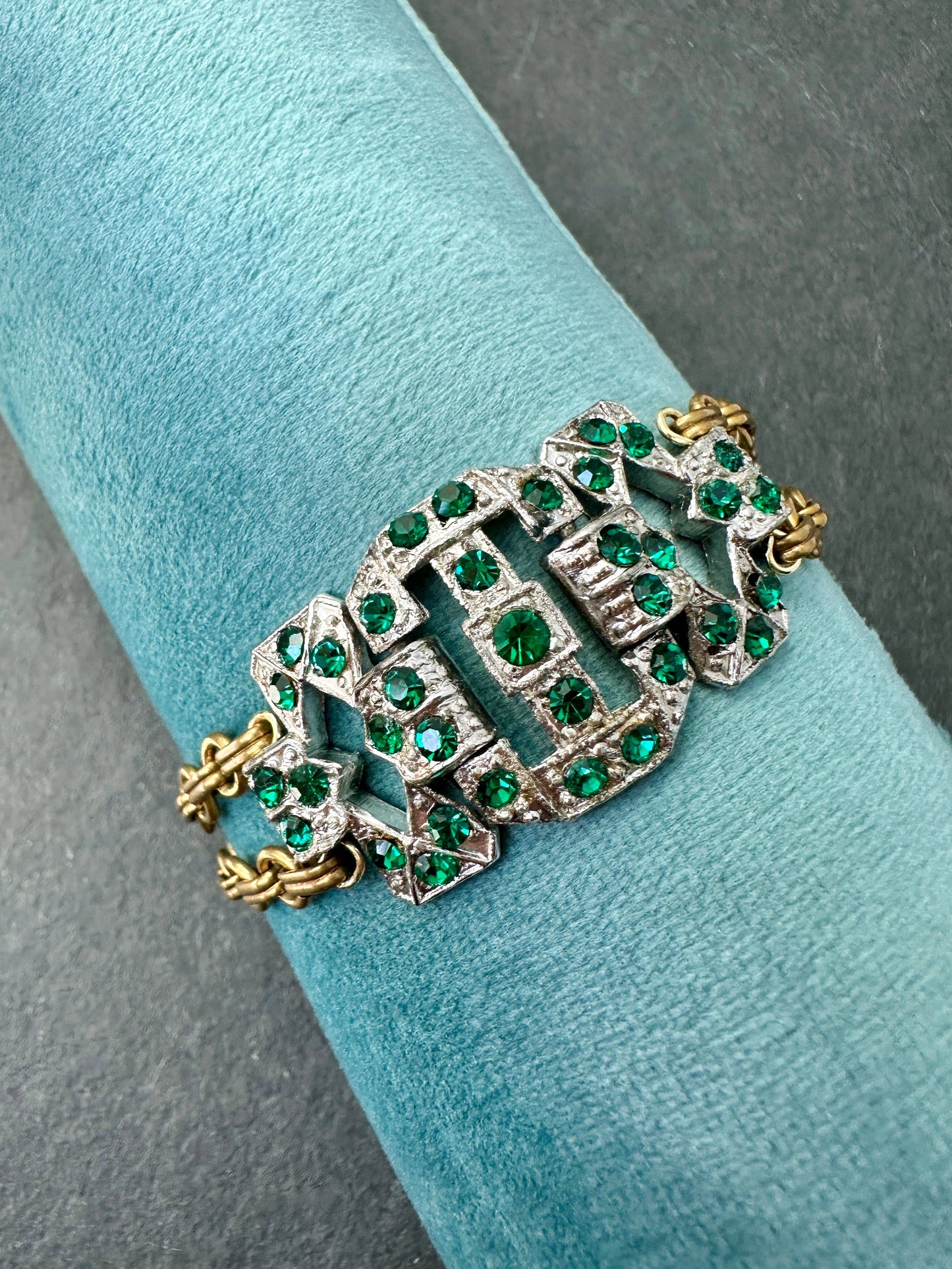 Vintage Emerald Rhinestone Link & Brass Chain Bracelet