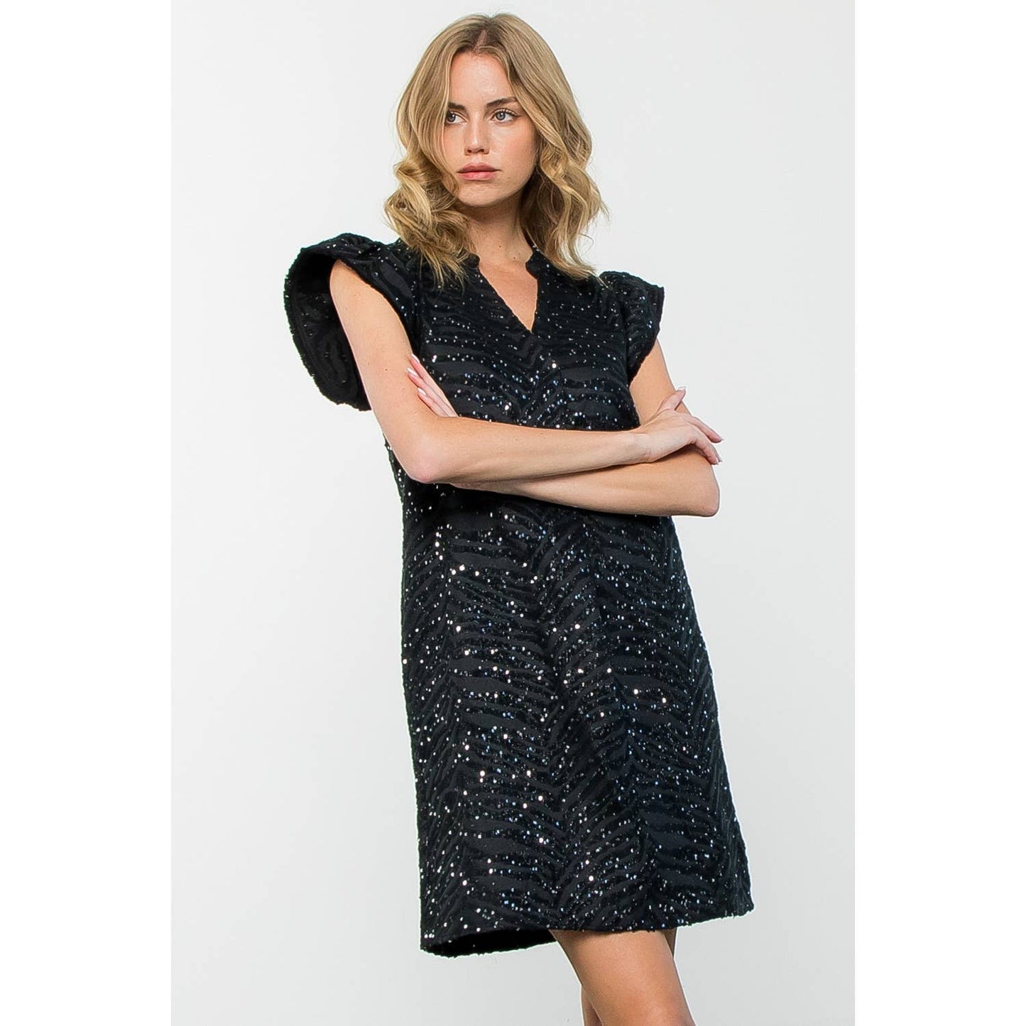 Flutter Sleeve Shimmer Dress