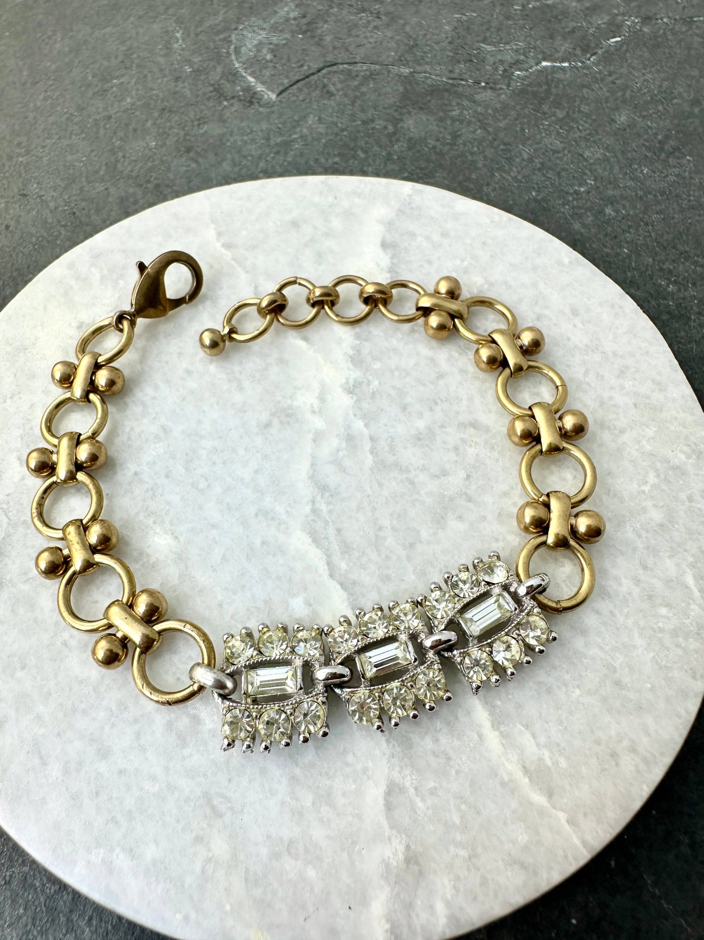 Repurposed Vintage Rhinestone Link & Brass Chain Bracelet