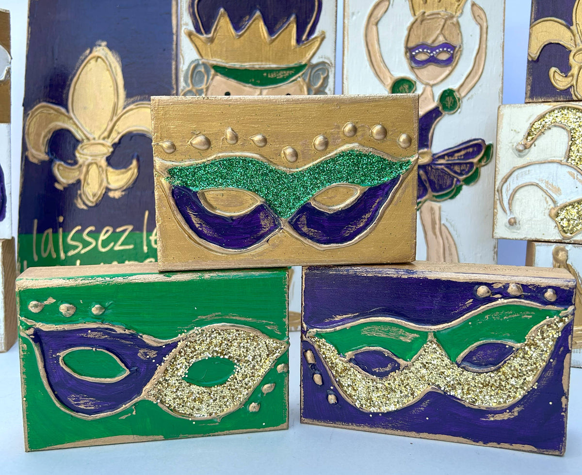 Mardi Gras mask  |  hand painted wood block: Purple background