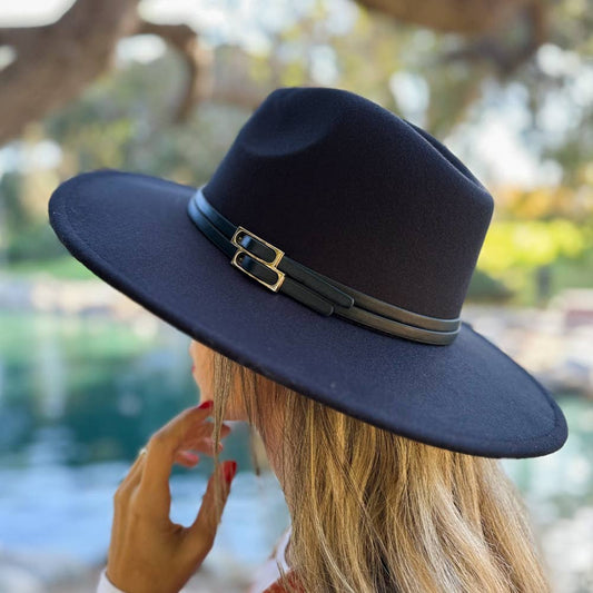 Sleek Black Fedora with Faux Leather Double Buckle Trim-One Size