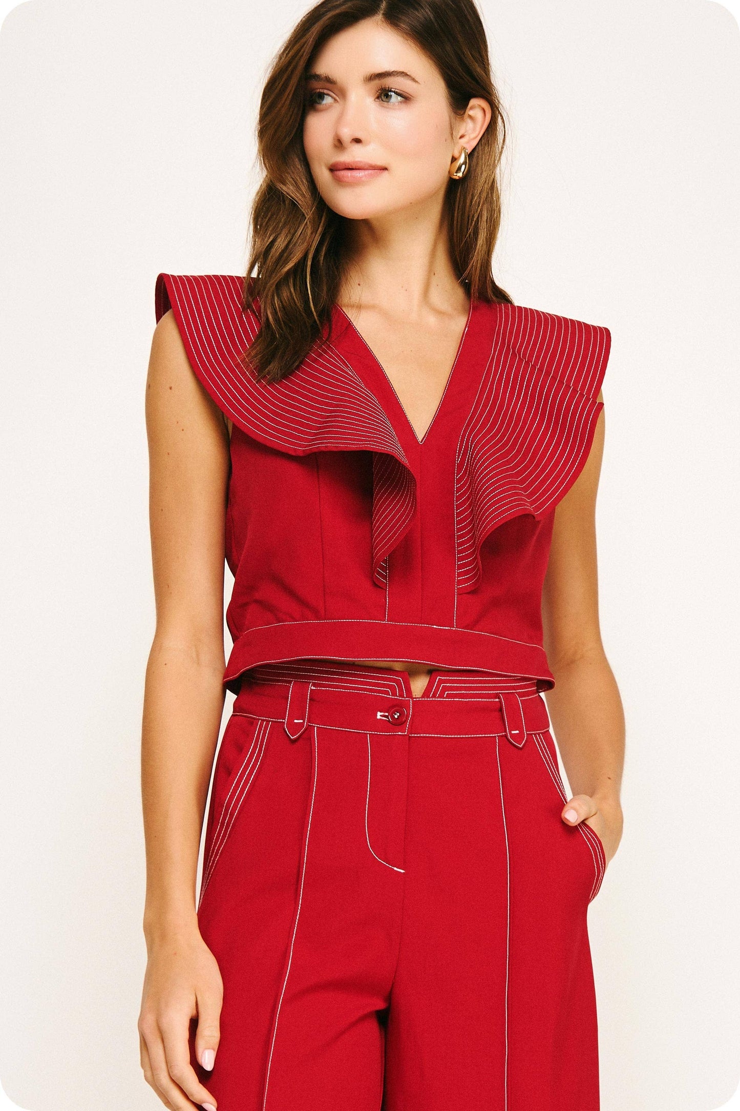Top Stitch Ruffle Detail V-neck Top