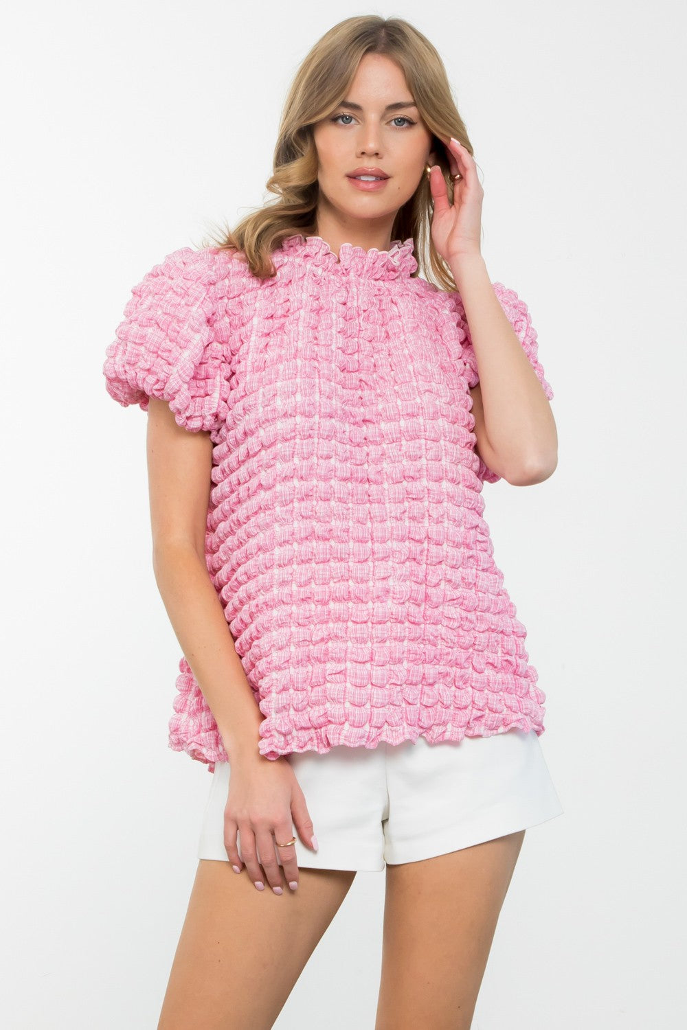 Pink Puff Sleeve Textured Top