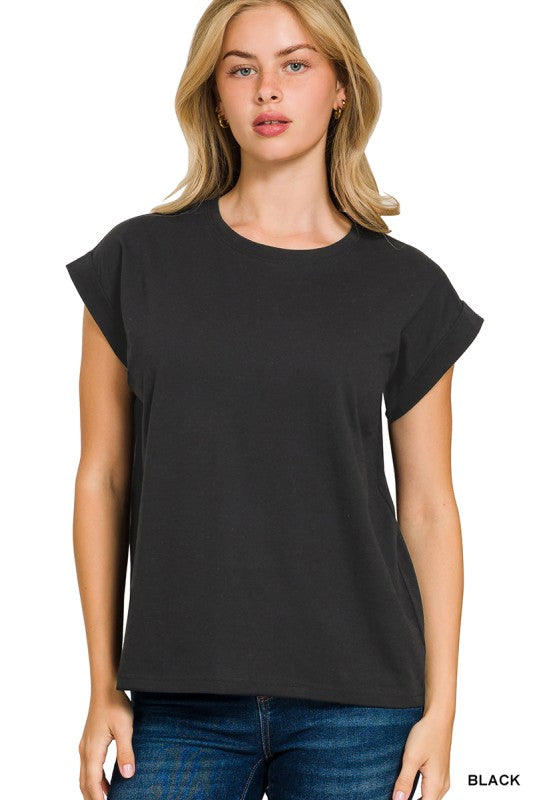 Round Neck Folded Short Sleeve T-Shirt - Black