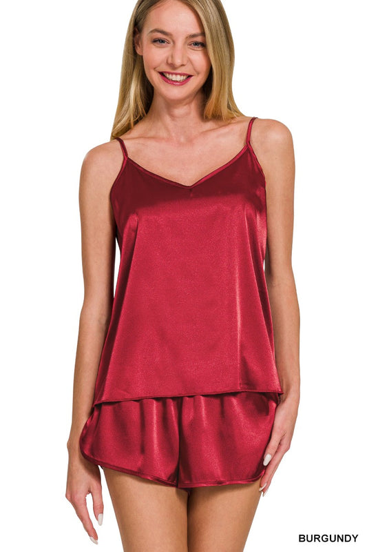 Satin Cami & Short Set-Burgundy