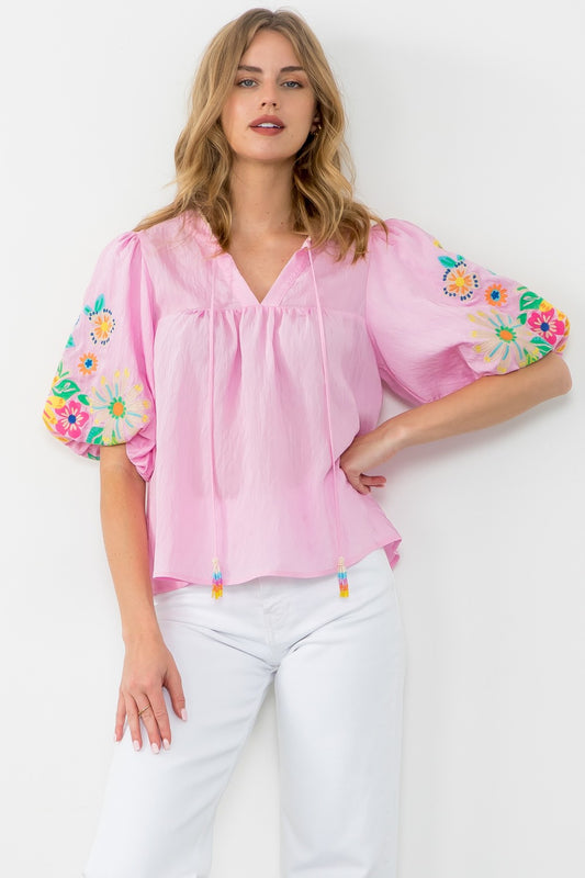 FINAL SALE Pink Puff Sleeve Tassel Tie Top