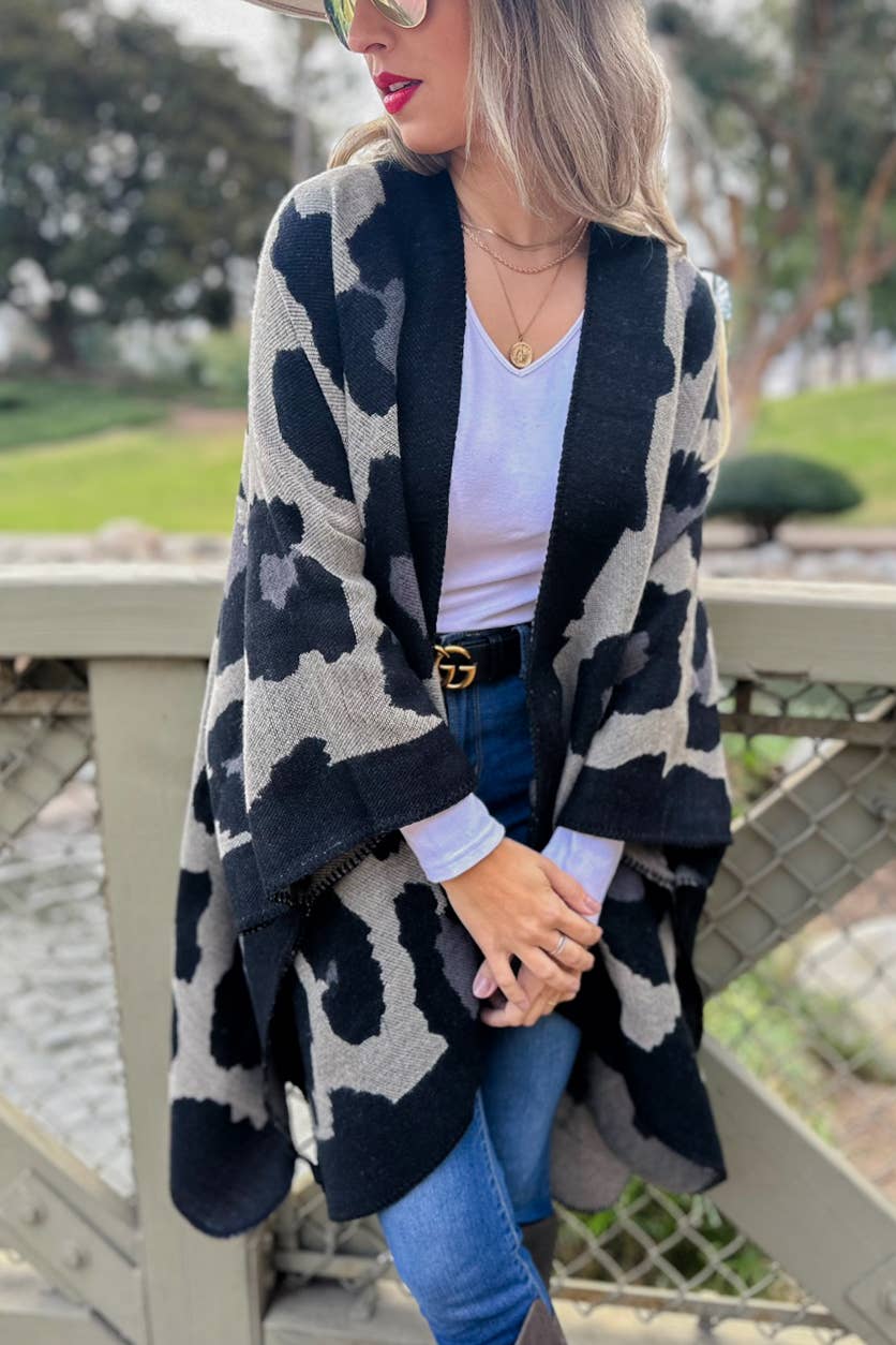 Black Leopard Printed Knitted Cozy Kimono Cardigan- One Size