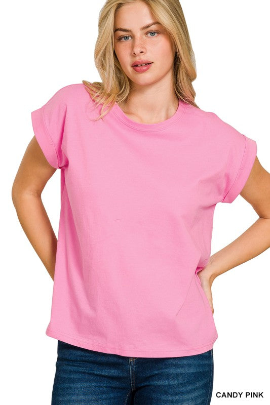 Round Neck Folded Short Sleeve T-Shirt - Candy Pink