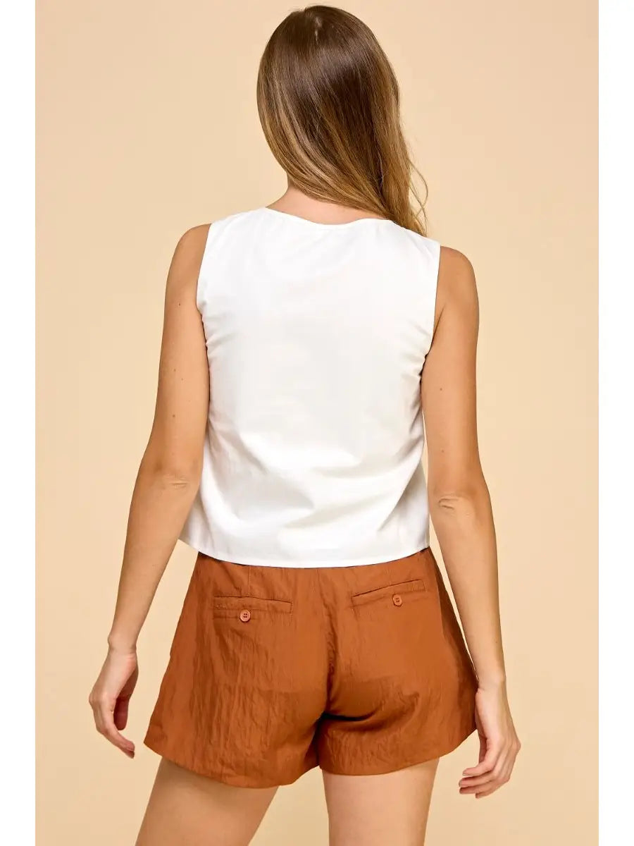 Pleated Chest Button Down Sleeveless Top