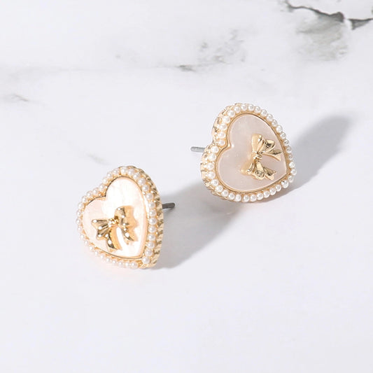 Pearl Edge Heart Bow Stud Earrings-Cream