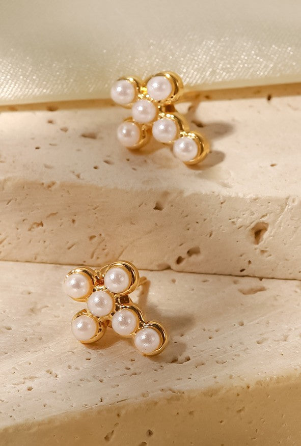 Christie Cross Stud Earrings-Pearl
