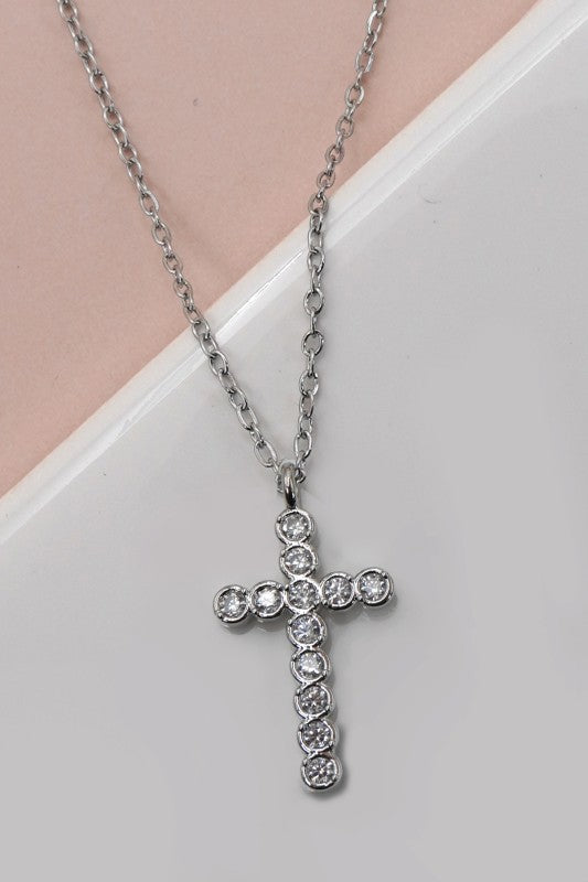 Grace Rhinestone Cross Necklace-Silver