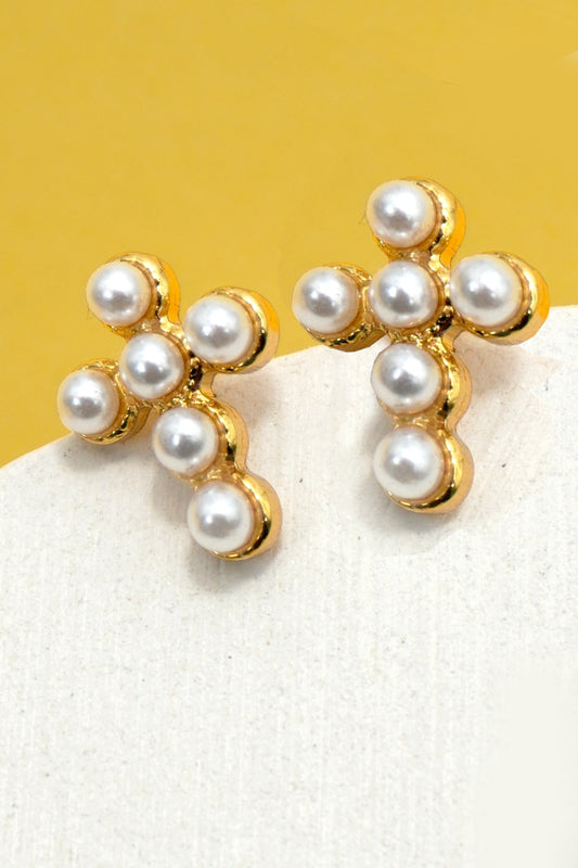 Christie Cross Stud Earrings-Pearl