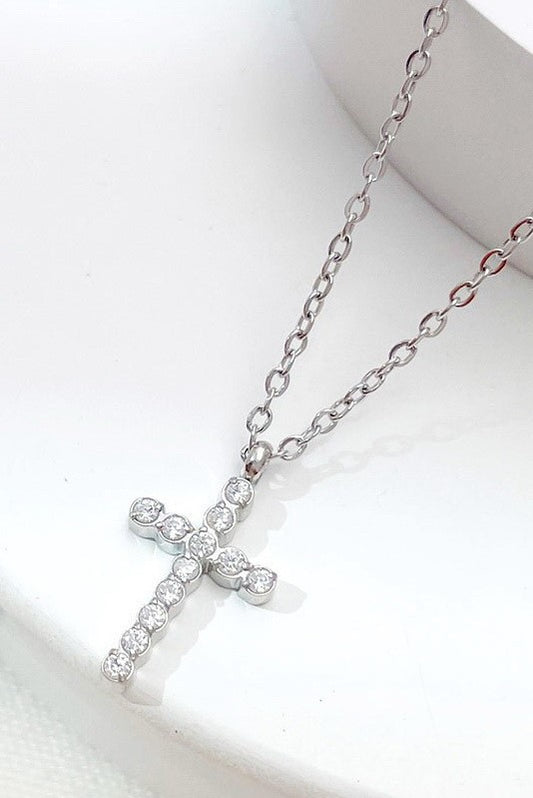 Grace Rhinestone Cross Necklace-Silver