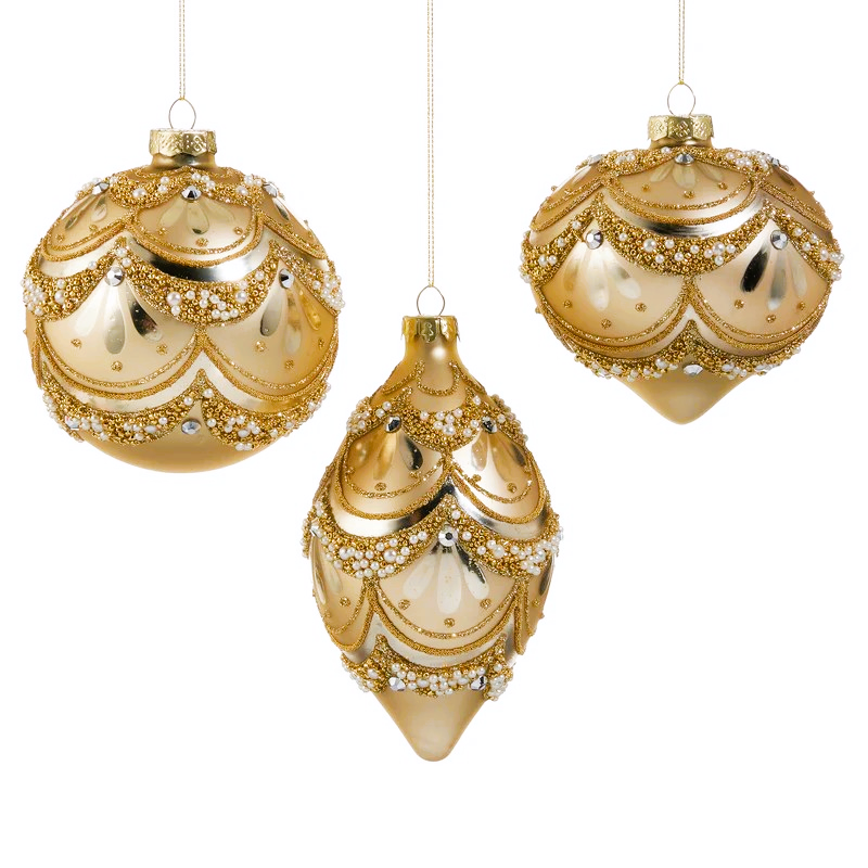 Gold-Pearl Trimmed Ornaments- Ball, Finial, Onion