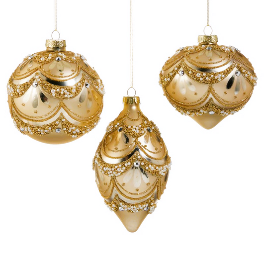 Gold-Pearl Trimmed Ornaments- Ball, Finial, Onion