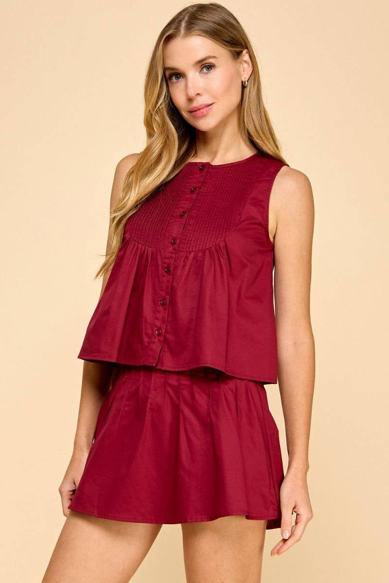 Pleated Chest Button Down Sleeveless Top