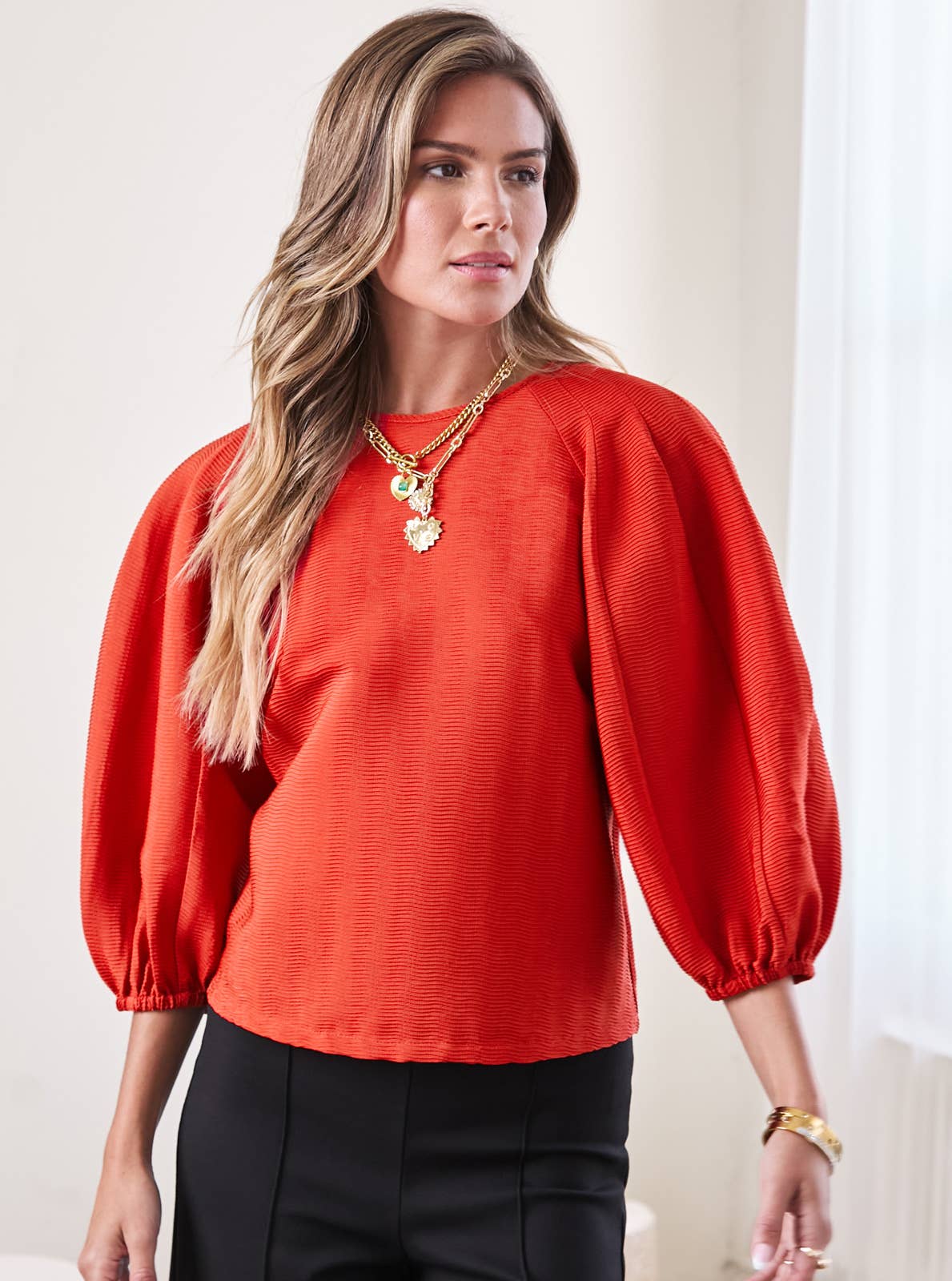 Textured Fabric Voluminous Sleeve Top