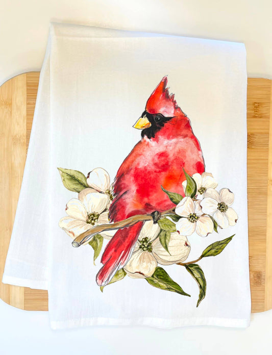"Cardinal with Flowering Dogwood" Kitchen Towel