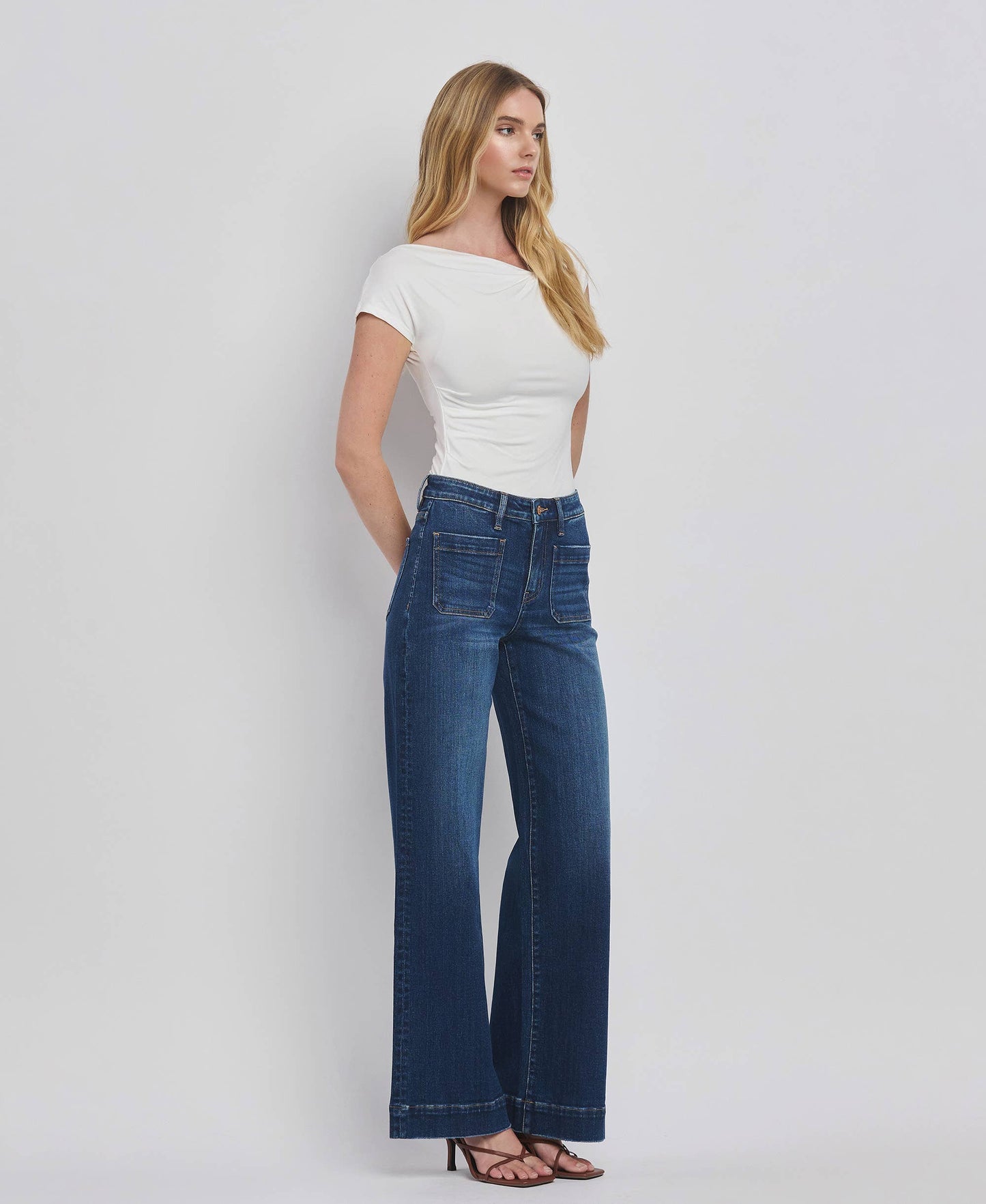 High Rise Patch Pocket Trouser Hem Jeans/Dark Denim-Flying Monkey