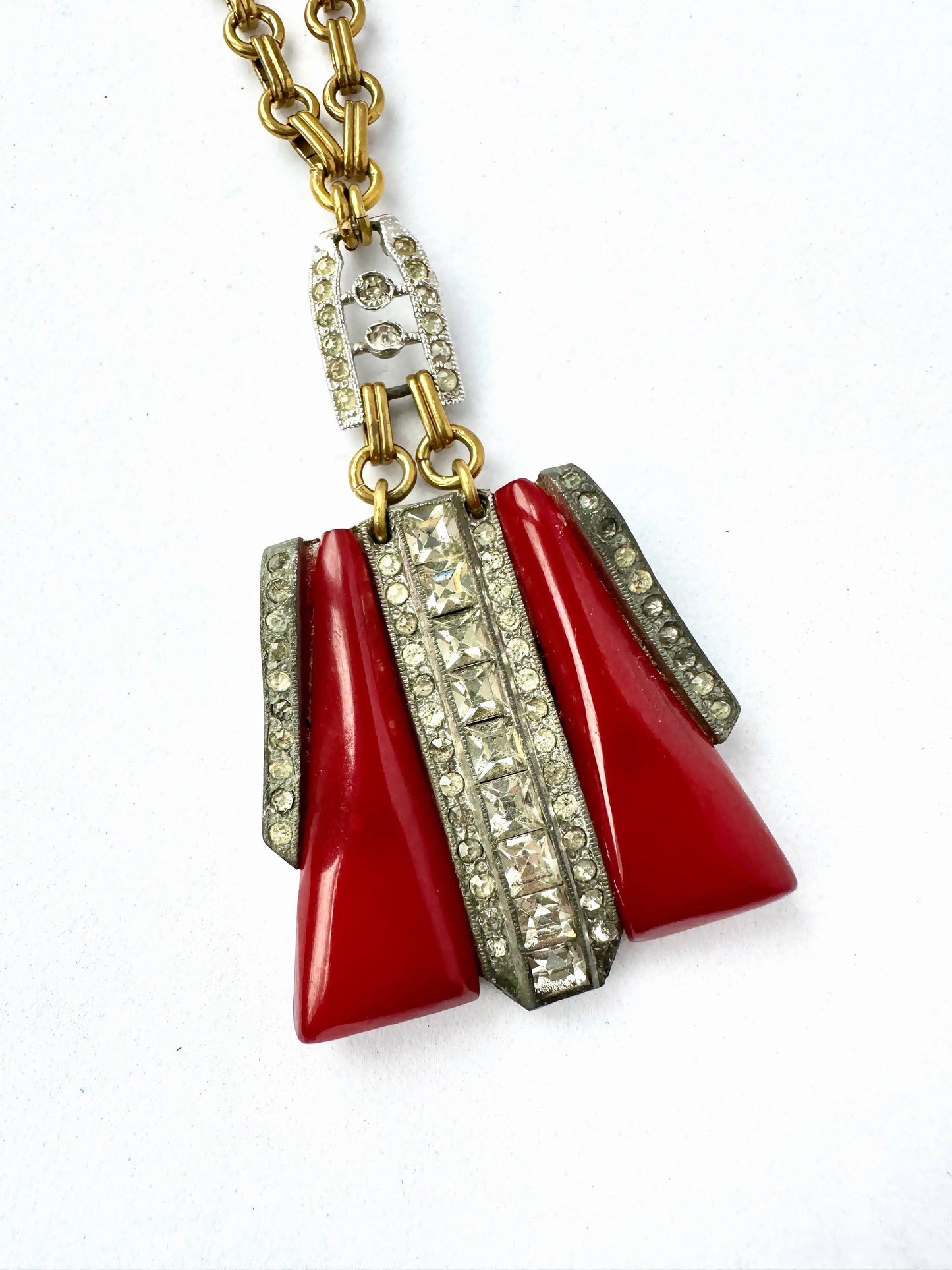 Refashioned Vintage Bakelite & Rhinestone Long Pendant Necklace