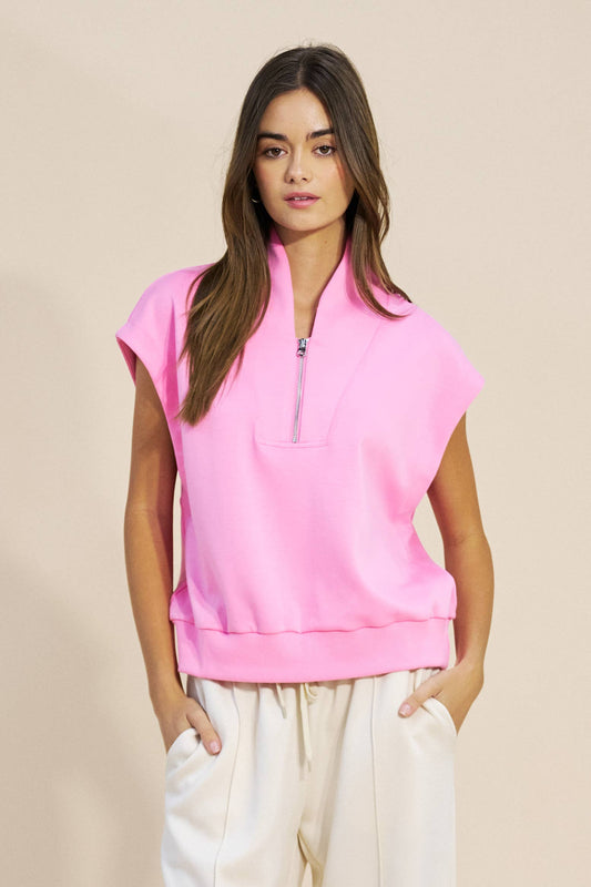 Quarter Zip Sleeveless Knit Top- Pink