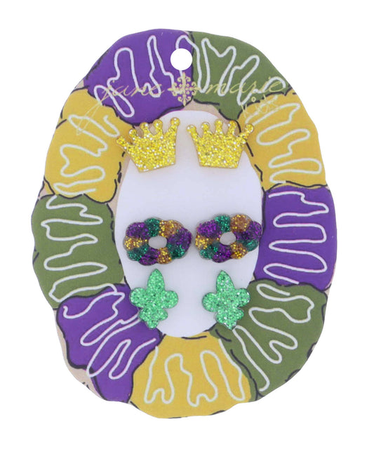 Kids Mardi Gras 3 Earrings Stud Set