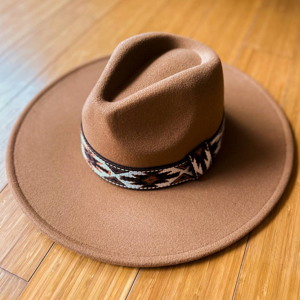 Elegant Camel Fedora with Multi Aztec Western Print Ribbon: One Size